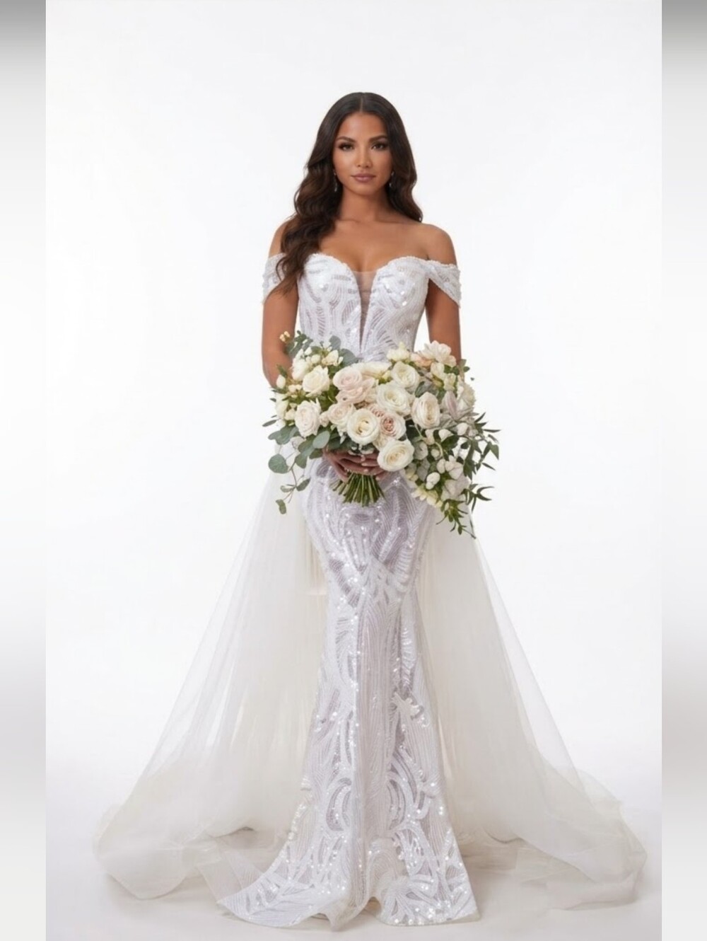 WHITE HOLOGRAPHIC WEDDING GOWN WITH EMBROIDERED SEQUINS